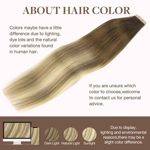 GOO GOO Tape in Hair Extensions Human Hair, 3/8/613 Walnut Brown to Ash Brown and Bleach Blonde, 20inch 50g 20pcs, Skin Weft Seamless Invisible, Silky Straight with Thick Ends, Remy Human Hair