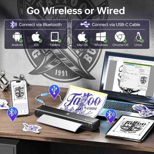 Phomemo Tattoo Stencil Printer Upgraded, TP81 Bluetooth Tattoo Printer with 10pcs Transfer Paper, Compatible with Phone/Tablet/PC, Tattoo Supplies for Tattoo Artists & Beginners,Black