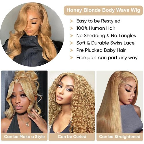 22 Inch Honey Blonde Wig Human Hair Body Wave 13x6 HD Lace Front Wig Human Hairs 27# Colored Pre Plucked Honey Blonde Body Wave Lace Front Wigs Human Hair 180% Density Glueless Wigs for Women