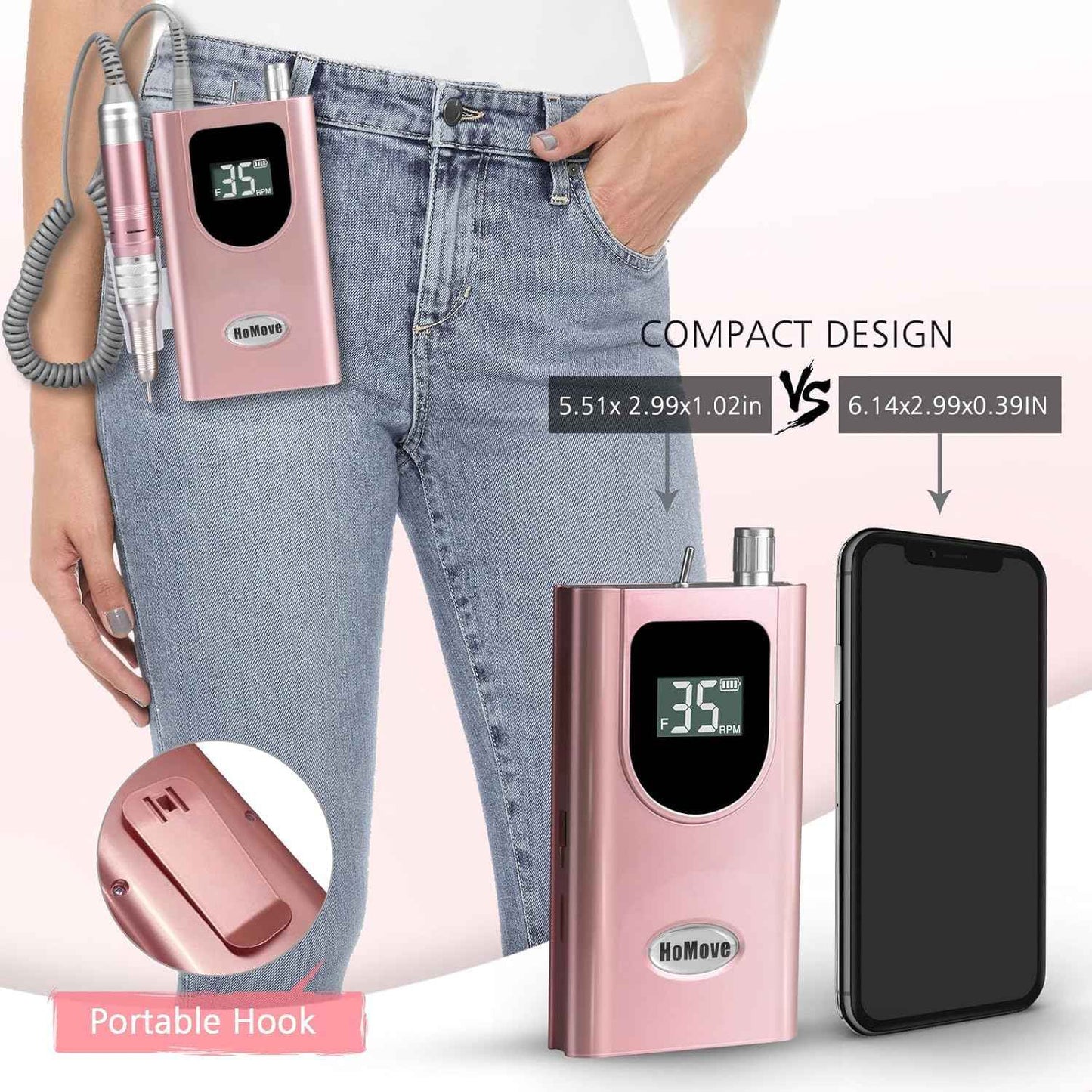 35000RPM Portable Nail Drill Machine, HoMove Professional Nail Drill Machine, Rechargeable Electric Efile Nail Drills for Acrylic Gel Nails, Cordless Portable Nails Drill【Rose Gold】