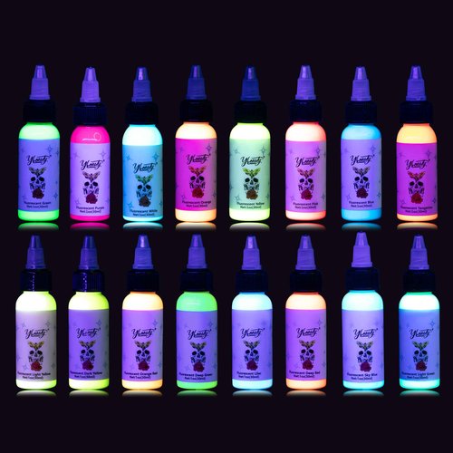 Tattoo Ink Set - Glow in Blacklight UV Tattoo Ink Kit, 16 Color 1oz Professional Tattoo Fluorescent Ink & Tattoo Equipment for Halloween Supplies (1 oz(30ml), 16Color)