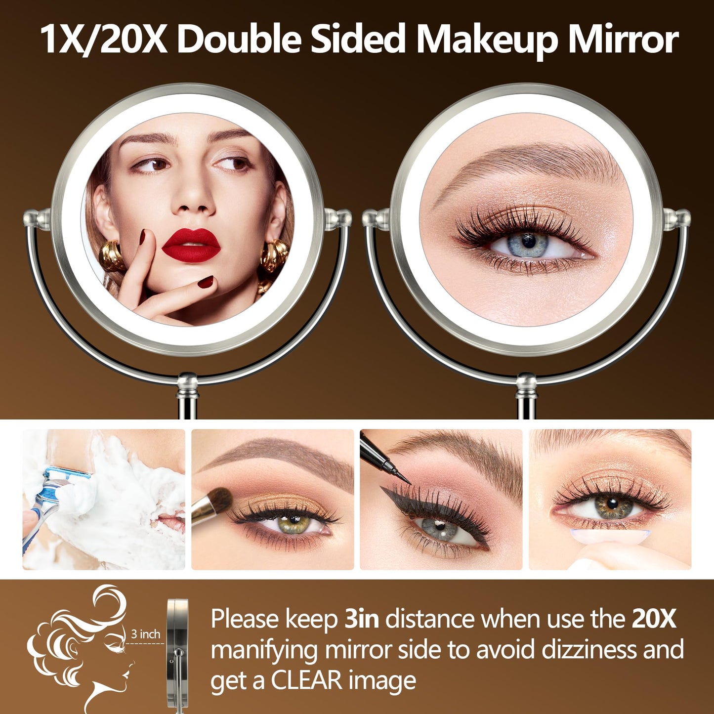 20x Large Lighted Makeup Mirror, Rechargeable 9" Magnifying Makeup Mirror, 30-Minute Timer,3 Color Modes, Adjustable Brightness, No Assembly Required, 360° Rotation Cosmetic Mirror, Pearl Nickel