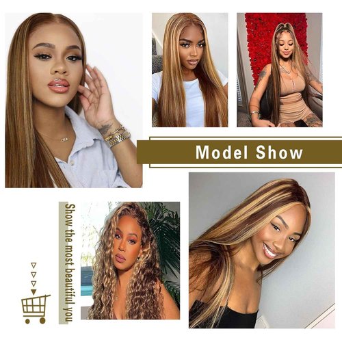 Realloves Highlight Ombre Bundles with Lace Closure Brazilian Straight Brown Blonde Highlight 3 Bundle with 4X4 Free Part Closure (14 16 18+14Inch) P4/27 Colored Remy Virgin Hair Weave