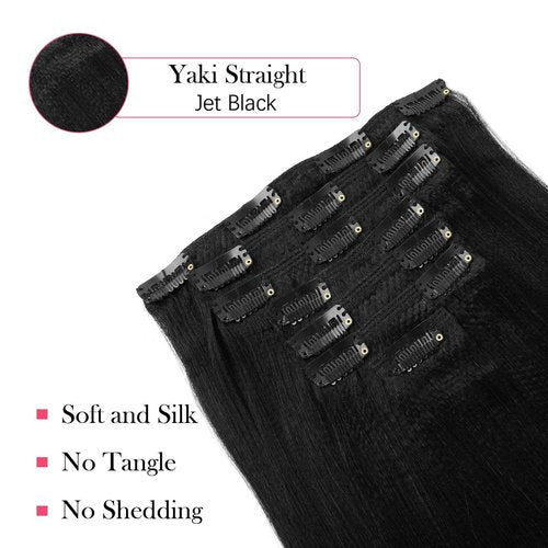Sassina Yaki Clip ins Human Hair Remy Double Wefts Coarse Yaki Straight Clip in for Black Women 18 Inch Clip in Hair Extensions 7 Pieces 17 Clips 120 Grams Jet Black #1