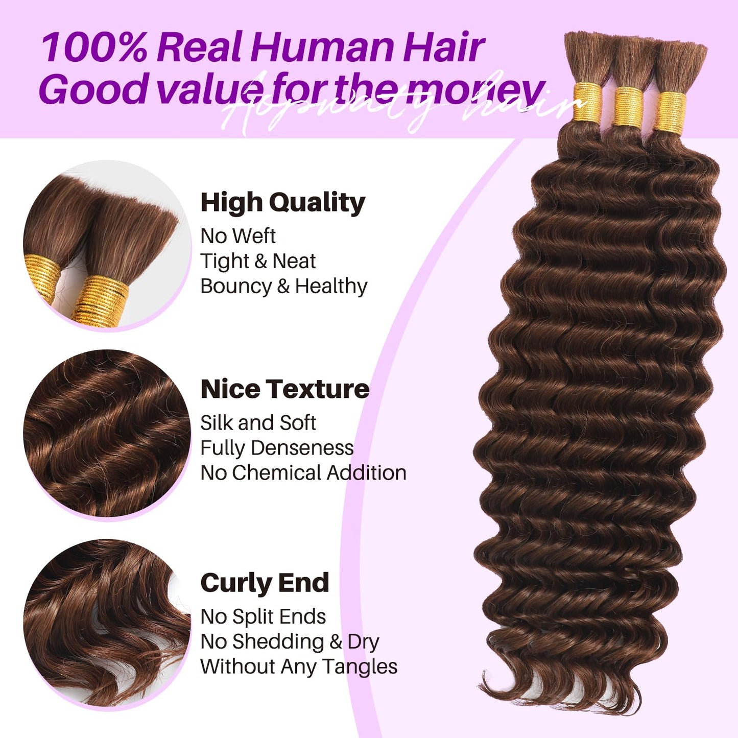 Human Braiding Hair for Boho Braids, Deep Wave Bulk Boho Braids Human Hair for Knotless Curly Bohemian Water Wave Braiding 110g 24 Inch Chocolate Brown (3 No Weft Bundles/Pack)