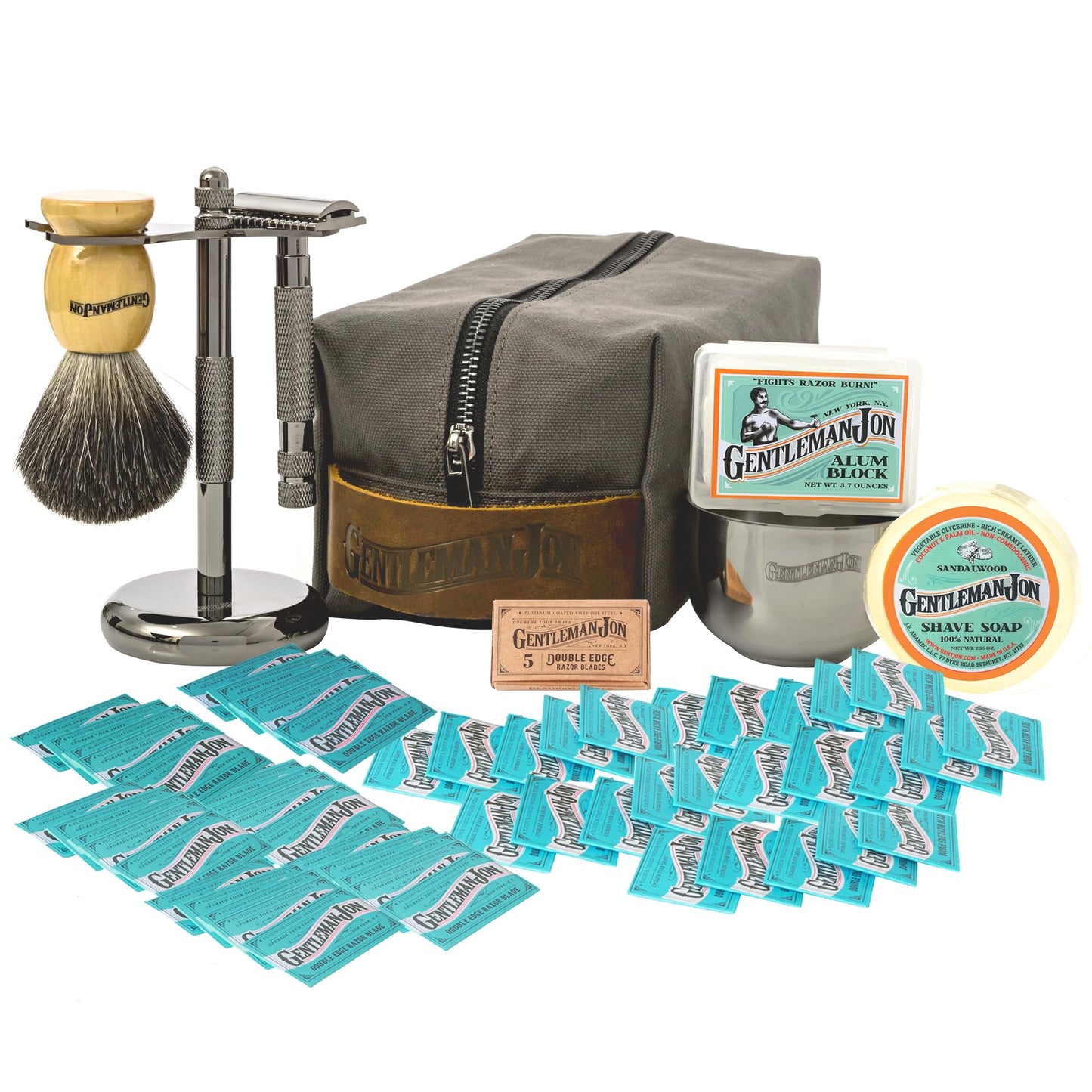 Gentleman Jon Supreme Shaving Collection - Deluxe Safety Razor Shaving Kit & Extra 50-Pack Platinum Double Edge Razor Blades - Extensive Wet Shave Set for Men - Superior Comfort and Smooth Shaves