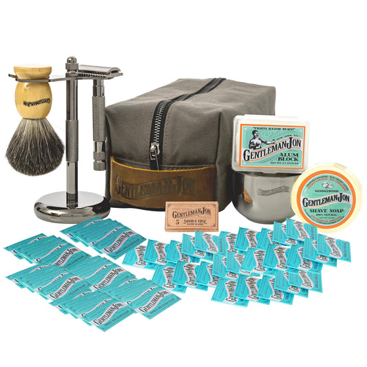 Gentleman Jon Supreme Shaving Collection - Deluxe Safety Razor Shaving Kit & Extra 50-Pack Platinum Double Edge Razor Blades - Extensive Wet Shave Set for Men - Superior Comfort and Smooth Shaves