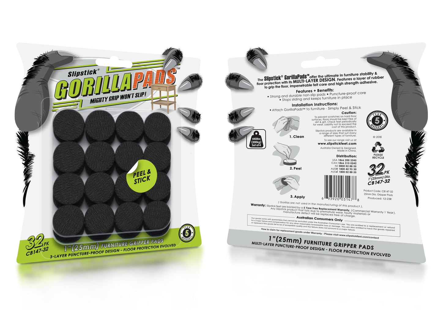 GorillaPads 1 Inch Non-Slip Furniture Pads/Gripper Feet Skids (Set of 32) Self Adhesive Rubber Floor Protectors, Round, Black, CB147-32