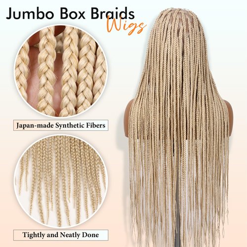 Lady Miranda Full Lace Braided Wigs for Black Women Knotless Box Braid Wig with Baby Hair 34" Glueless Wigs Jumbo Box Braids Lace Front Synthetic Wig (Blonde-box braid, 34 Inch)