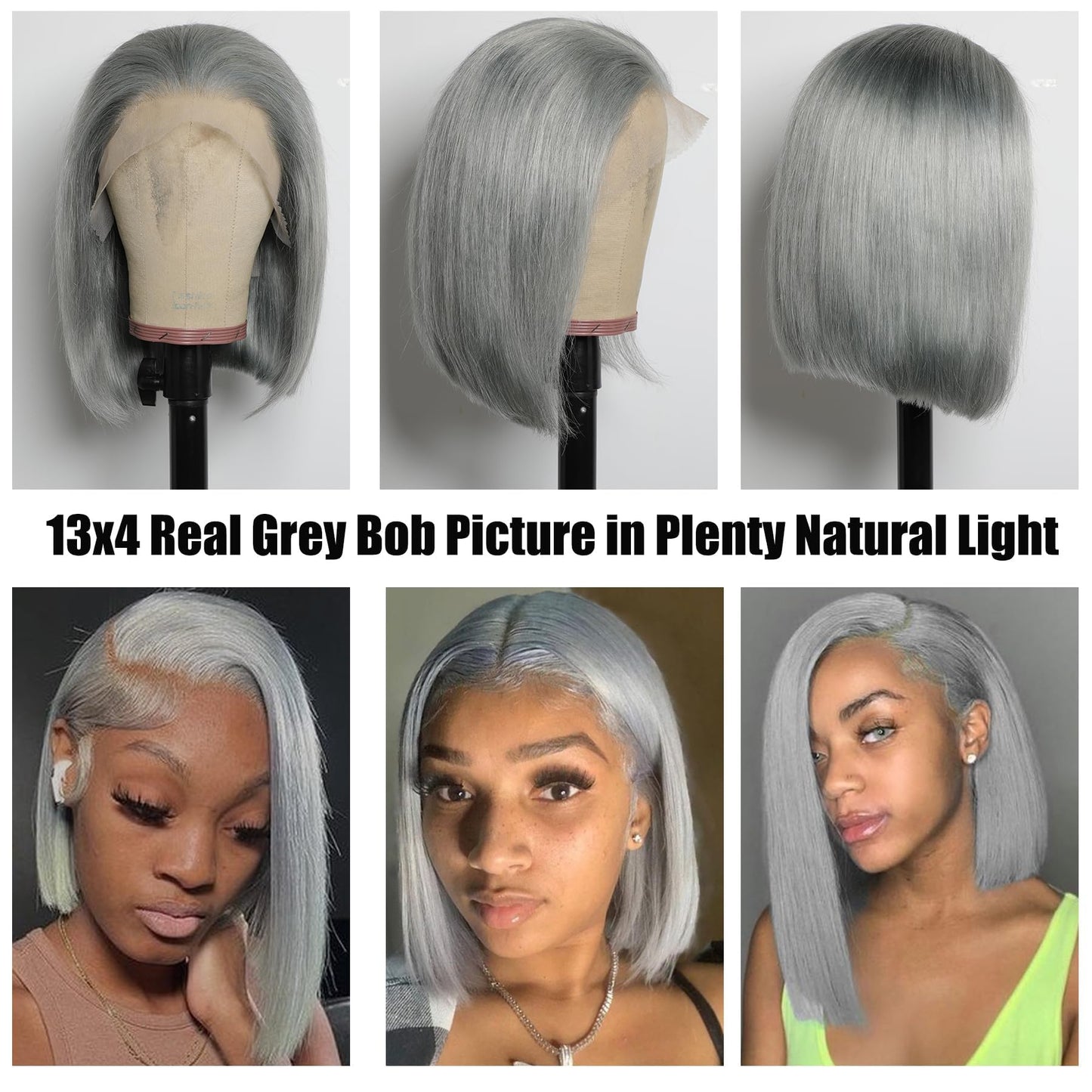 GIRLOFDREAMS Grey Color Short Bob Wig Human Hair 13x4 Straight Lace Front Wigs Glueless 180 Density Pre Plucked with Baby Hair Brazilian Remy Gray Colored Transparent Frontal Lace Wigs for Black Women