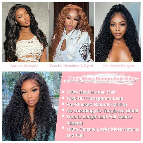 Nsvnsv 13x6 Deep Wave Lace Front Wigs Human Hair HD Full Lace Frontal Wigs Pre Plucked Bleached Knots 180% Density Deep Curly Human Hair Wig Natural Color 26Inch
