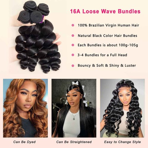 Beauty Queen 16A Human Hair Loose Wave Bundles 16 16 16 Inch 100% Unprocessed Brazilian Virgin Hair 3 Bundles Quick Weaves Hair Extensions Natural Black