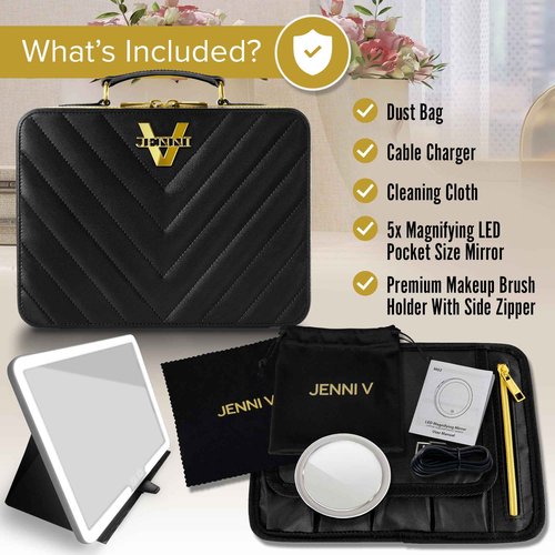 JENNI V Upscale PU Leather Makeup Bag with Light Up Mirror, 3 Brightness Settings, Adjustable Dividers - Replace Your Bulky Vanity While On the Go - Chic Travel Makeup Case Box - Makeup Organizer Bag