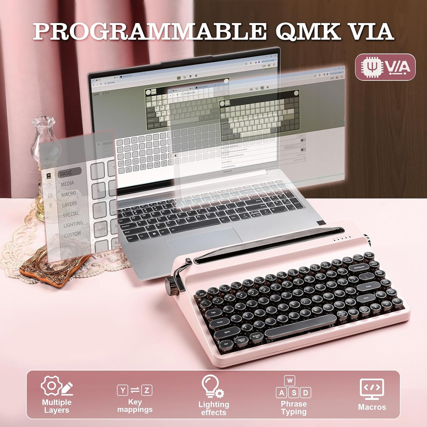 YUNZII QL75 Wireless Typewriter Hot Swap Retro Mechanical Keyboard,Punk Round Keycaps,RGB Backlit QMK/VIA Programmable, Multi-Device Keyboard with 2.4GHz/Type-C/BT5.0 (White, Cocoa Cream V2 Switch)