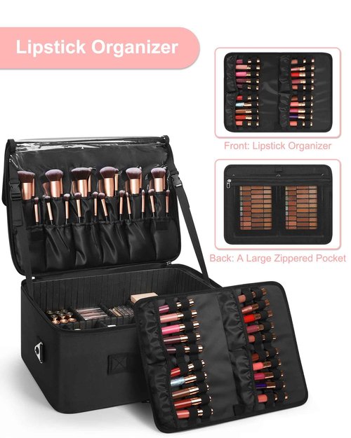 Relavel Extra Large Makeup Case Professional Cosmetic Storage Organizer Box Brush Holder with 4 Clear Set Bags & Lipstick Plate for Makeup Artists with Shoulder Strap & Adjustable Dividers