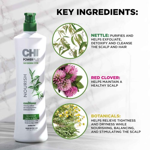 CHI Powerplus Nourishing Conditioner, Hair Renewal System For A Healthy Scalp, Relieves Tightness & Dryness, Strengthens & Protects Against UV, 32 Oz