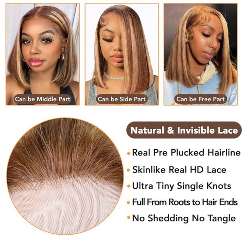 Nopxam Highlight 4/27 Bob Wig Human Hair 13x4 HD Transparent Lace Front Wigs Human Hair 180% Density Short Bob Glueless Straight Wigs Human Hair for Women 16 Inch