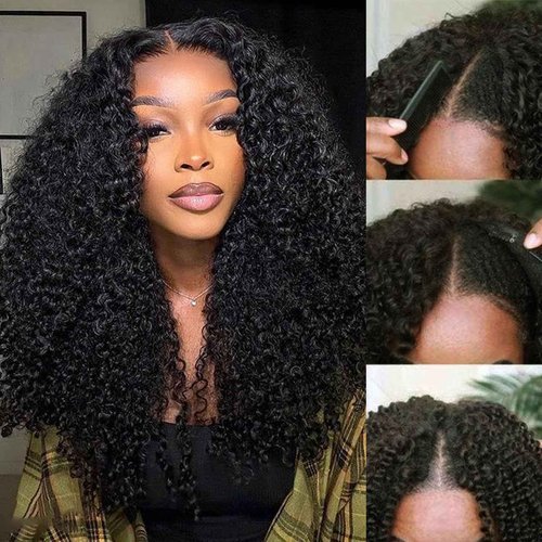 DSEKCAIN Kinky Curly V Part Wig Human Hair Glueless Clip In 100% Real Human Hair Curly V part Wigs No Glue No Sew In Upgrade U Part Wig For Beginners Friendly 200 Density 18 Inch