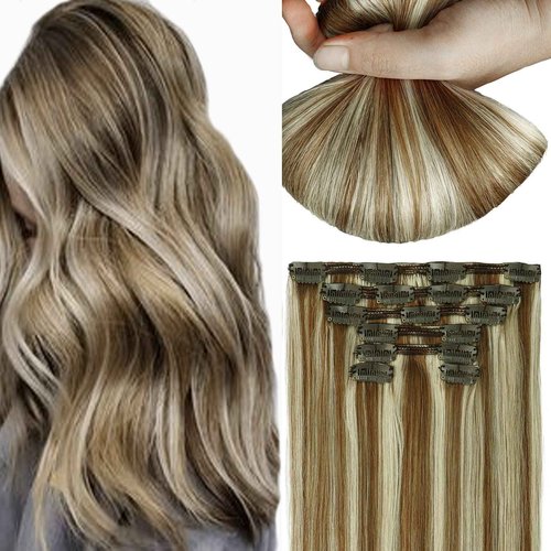HUAYI Dirty Blonde Mixed Platinum Blonde 120g 7Pcs Clip In Hair Extensions Human Hair Double Weft Thick End For Full Head No Tangle No Shedding Silky Straight Balayage Hair（18P60#18"）