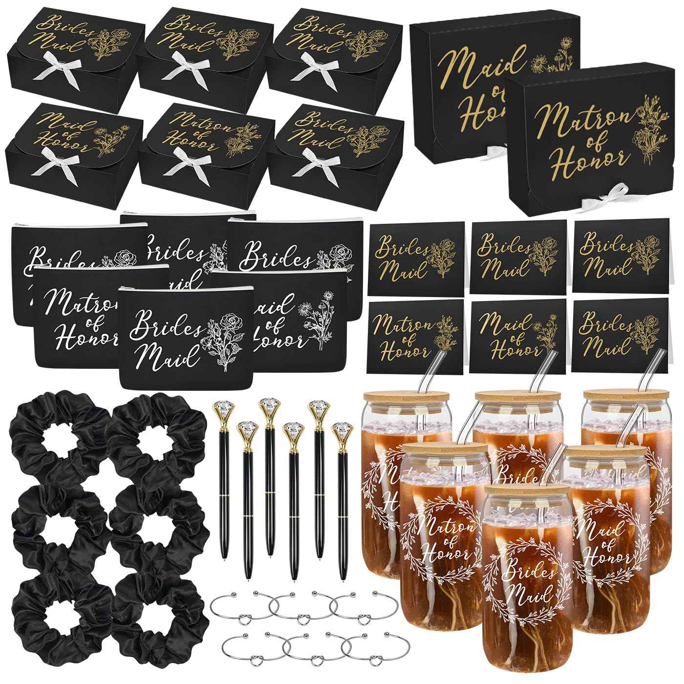 42Pack Bridesmaid Proposal Gifts,Maid of Honor Gifts Matron of Honor Gifts Including Bridesmaid Boxes,16oz Cups Makeup Bag Bracelets Diamond Pen Invitation Cards Scrunchies for Wedding (Black)