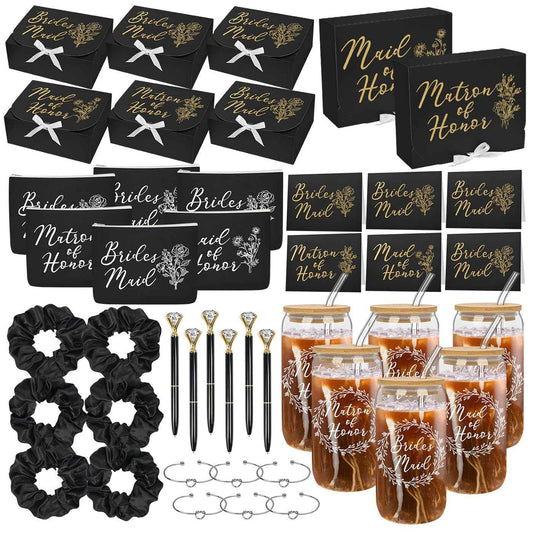 42Pack Bridesmaid Proposal Gifts,Maid of Honor Gifts Matron of Honor Gifts Including Bridesmaid Boxes,16oz Cups Makeup Bag Bracelets Diamond Pen Invitation Cards Scrunchies for Wedding (Black)