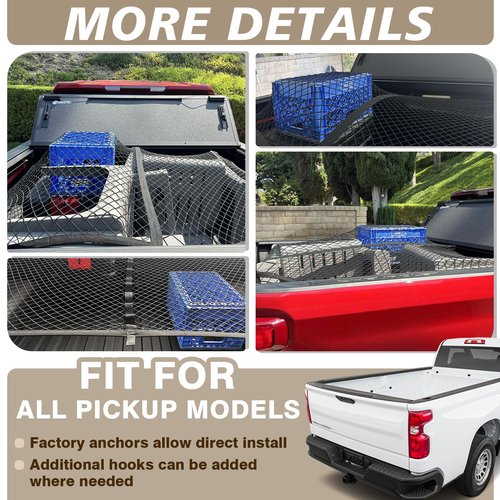 Muslogy Truck Bed Cargo Net Compatible with Pickup Truck Bed Organizer Stretchable 4'x4' to 7'x7' High Elastic Heavy Duty Upgraded Reinforced Storage Net with 10 Metal Carabiners (Single Layer)