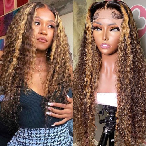 AKUZO Highlight Ombre Deep Wave Lace Front Wigs Human Hair 13x6 Lace Front HD Lace Front Wigs 4/27 Honey Blonde Lace Frontal 200 Density Glueless Wigs Pre Plucked Baby Hair 20inch