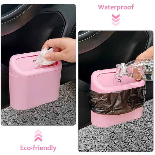 Accmor Car Trash Can with Lid, Vehicle Trash Bin Car Dustbin Garbage Organizer Holder with One Roll Trash Bag, Portable Hanging Mini Leakproof Cars Storage Bag Container for Auto, SUV, Office (Pink)