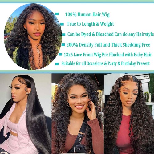 kysonty Water Wave Lace Front Wigs Human Hair 200% Density Wet and Wavy Deep Part curly 13x6 HD Trasparent Lace Frontal Wigs for Black Women Glueless Wigs Human Hair Pre Plucked with Baby Hair 28inch