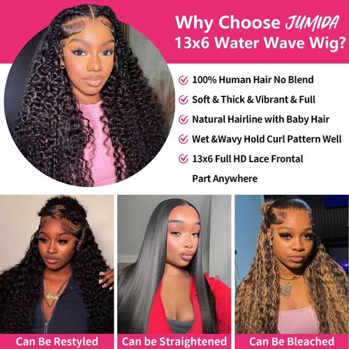 Jumida 24 Inch 13x6 Lace Front Wigs Human Hair Water Wave 200 Density 13x6 HD Full Lace Frontal Wigs Pre Plucked Wet and Wavy Glueless Deep Curly Human Hair Wigs for Women Natural Black