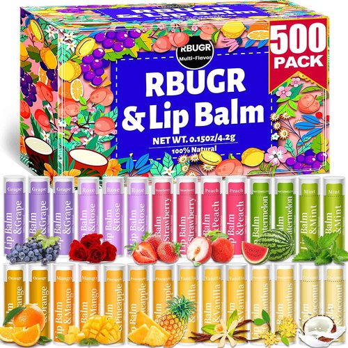 RBUGR 500 Pcs Lip Balm Bulk, 12 Flavored Organic Natural Lip Balms for Gifts Party Favors, Moisturizing Bulk Lip Balms for Dry Cracked Lips, Bulk Lip Balm with Vitamin E and Coconut Oil (4.2g/0.15oz)