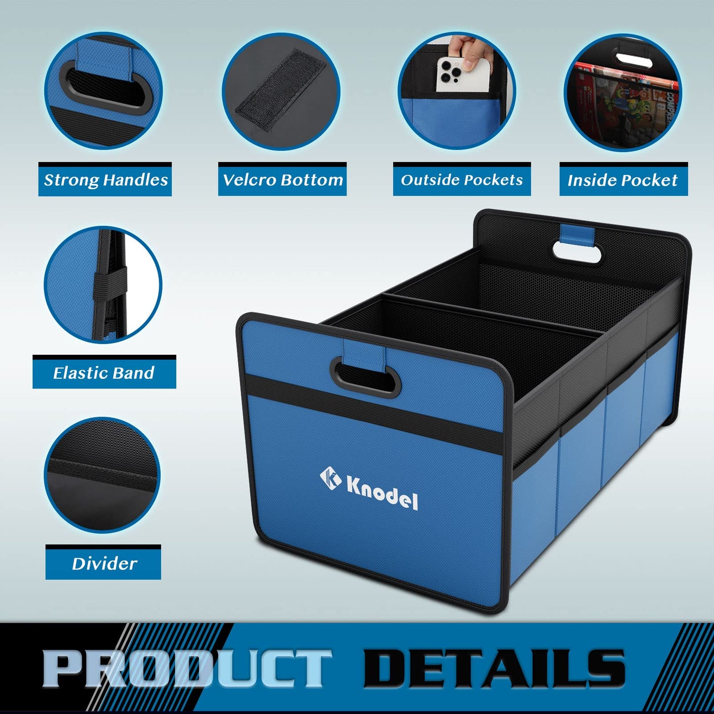 K KNODEL Car Trunk Organizer, Foldable Organizer for Car, Automotive Consoles & Organizers, Storage with Reinforced Handles (Small, Blue)