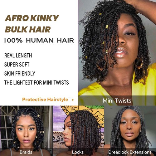 Afro Kinkys Bulk Human Hair -100% Real Human Hair for Mini Twist, Braiding, Loc Extensions & Crochet, Kinky Curly Hair Bundles, Natural Afro Bulk for Dreadlocks(1B, 20 Inch(Pack of 1))