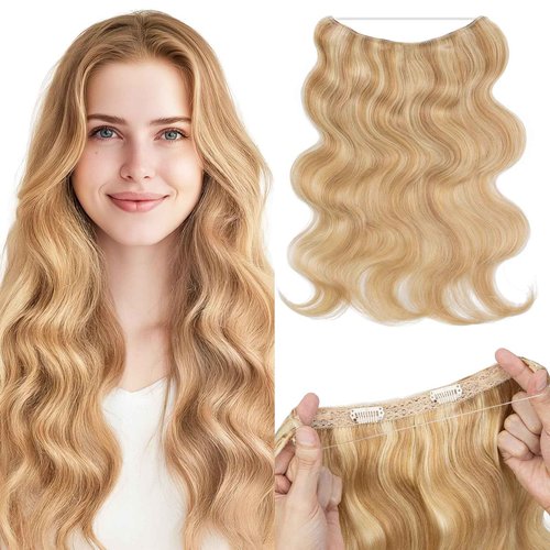 SEGO Halo Hair Extensions, Wavy Adjustable Invisible Wire Extensions, Real Human Hair, 2 Clips for Women Transparent Fish Line Extensions, Add Length Volume, 16 inches, Gold Blonde Mixed Bleach Blonde
