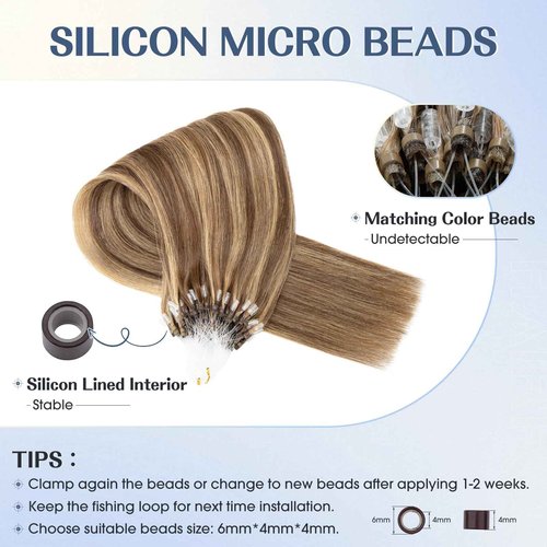 Hairro Microlinks Hair Extensions Highlighted Balayage Micro Bead Ring Loop Tipped Hair Seamless Straight Real Human Hair For Women 24 Inch 50g 50 Strands #4P27 Medium Brown mix Dark Blonde