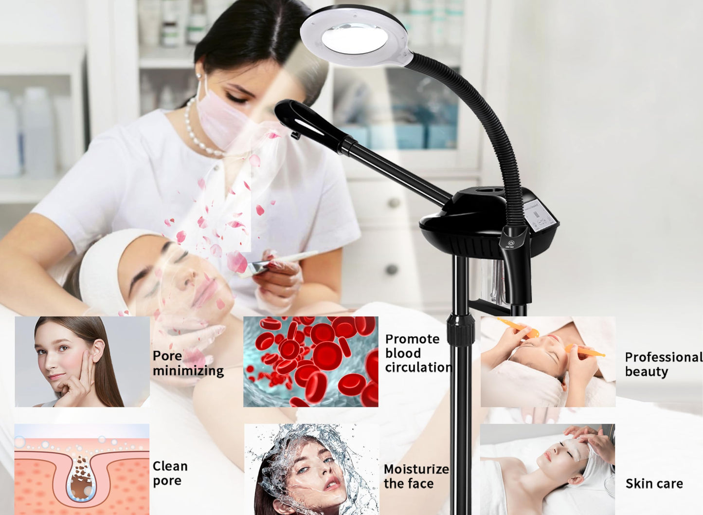 Professional Facial Steamer, 2 in 1 Facial Steamer with 5X Magnifying Lamp, Ozone Face Steamer, Suitable for Home or Beauty Spa Use