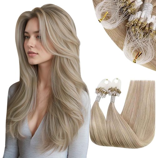 RUNATURE Micro Bead Hair Extensions Ash Blonde Highlight Blonde MicroLink Hair Extensions Real Human Hair Blonde Micro Beads Human Hair Extension Ombre 50s/50g 24 Inch