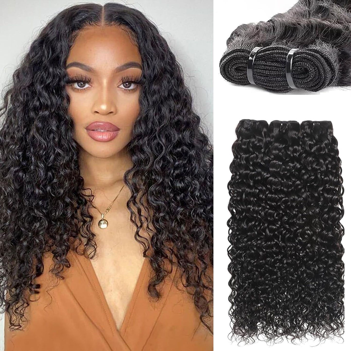 12A Water Wave Human Hair Bundles Wet And Wavy Bundles Human Hair 100% Unprocessed Brazilian Remy Water Wave Curly Bundle Extensions Natural Black Color 14 16 18 Inch