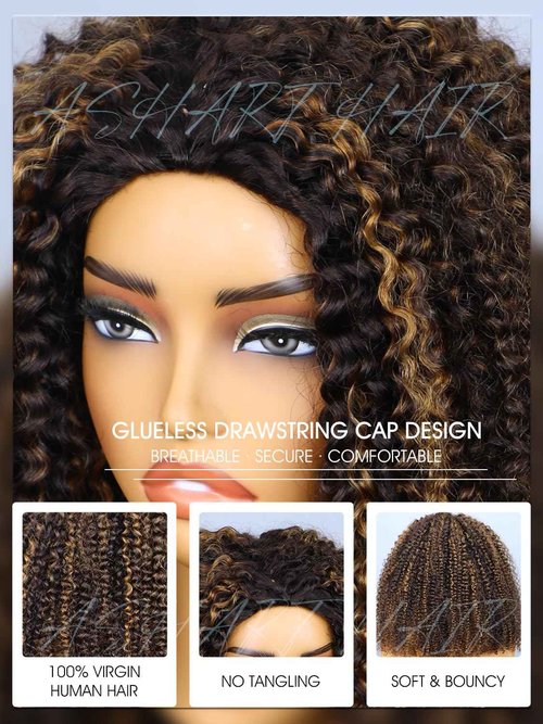 Ashart Highlight Brown Ombre Kinky Curly Half Wig Human Hair 2/30 Color 18 Inch 3 in 1 Seamless Flip Over Half Wigs for Black Women Glueless Wear and Go Elastic Drawstring 180% Density Human Hair Wig