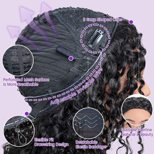 ShineKiss Half Wig Human Hair Glueless Wig Upgrade 4 IN 1 Kinky Curly Half Wig with Invisible Wire Snap Clips Drawstring Flip Over Easy Wear Headband Wig Beginner Friendly 200 Density 16 Inch