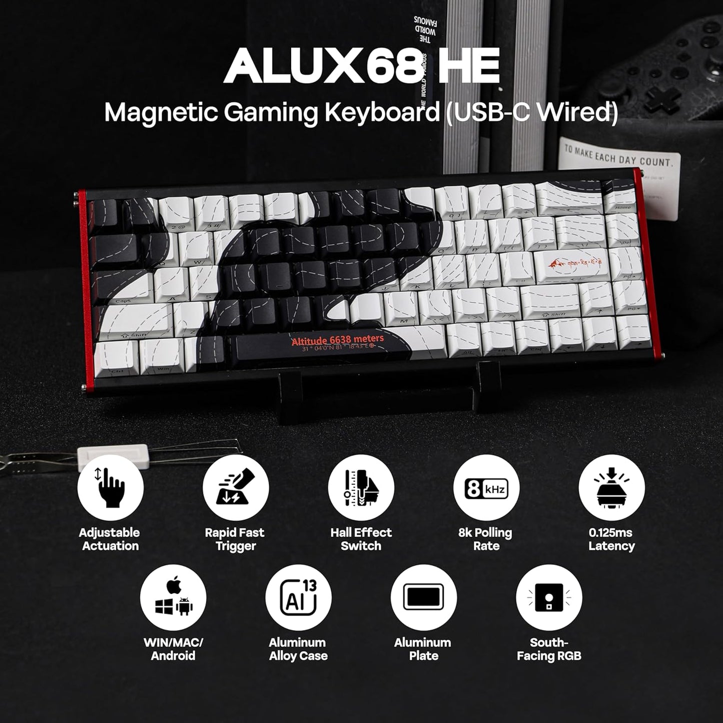 AJAZZ ALUX68 HE Aluminum Rapid Trigger Gaming Keyboard with Magnetic Switch, Wired Hall Effect Keyboard with 8K Polling Rate, 0.125ms Latency, RGB Backlight (Black Side-Printed, ALUX68)