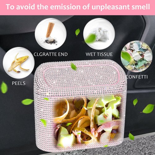 Accmor Bling Car Trash Can with Lid, Leakproof Mini Vehicle Trash Bin Automotive Dustbin Organizer Storage, Sparkling Crystal Rhinestone Trash Bag Container with 30pcs Garbage Bags Car Accessories