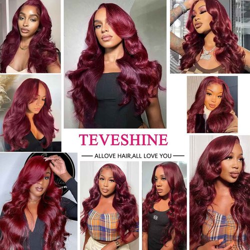 Teveshine Bundles Human Hair with Closure,99j Burgundy Body Wave Bundles with Closure Human Hair 12 14 16+12inch Free 10A Brazilian Remy Hair Body Wave