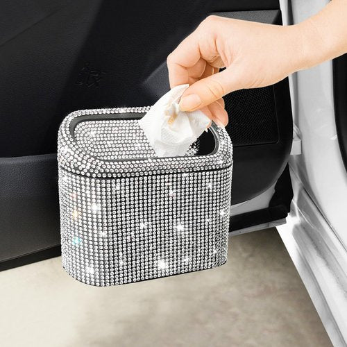 Accmor Bling Car Trash Can with 30pcs Garbage Bags, Vehicle Trash Bin with Lid Auto Dustbin Organizer Garbage Storage, Sparkling Crystal Mini Trash Container Holder
