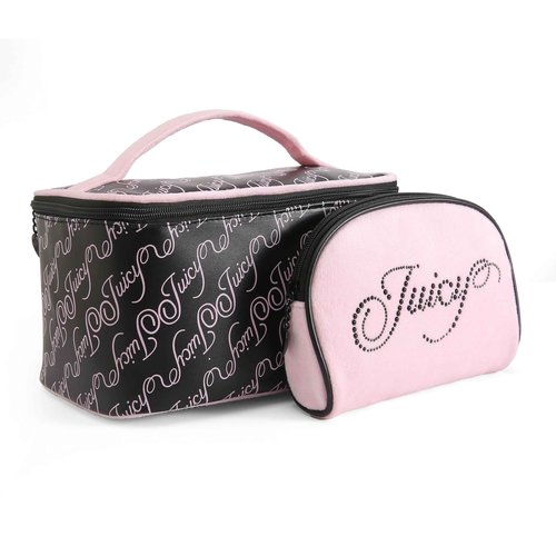 Juicy Couture Black Pink Makeup Bag Cosmetics Organizer Travel Essentials Train Case Coin Purse Cursive Logo Rhinestone Velour