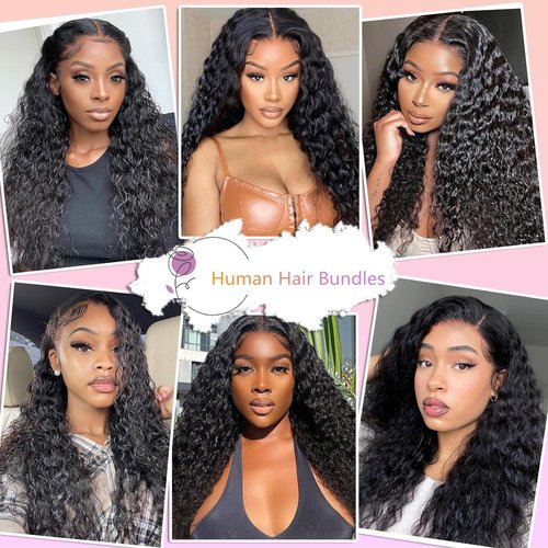 Ladiaryf Water Wave Bundles Human Hair Soft Brazilian Virgin Human Hair 100% Unprocessed Wet and Wavy Curly Bundles Natural Black Color Can Be Dyed Total 300g 14 16 18 Inch