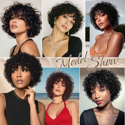 RUWISS Short Curly Human Hair Wig Kinky Curly Wigs for Black Women - Wear and Go Glueless Wigs Human Hair Bob Wig with bangs, FH-1535 Natural Black