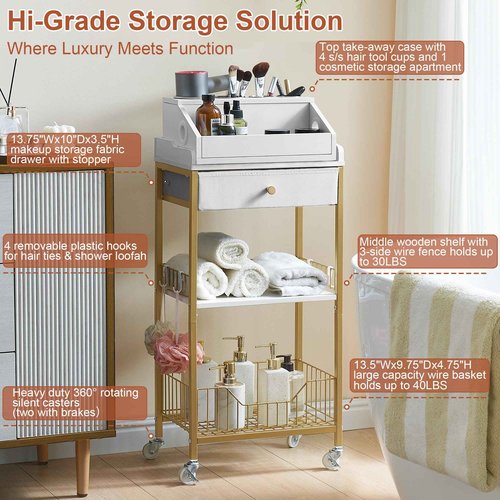 NauwaBarn Makeup Organizer Cart with Drawer, 2-in-1 Rolling Organizer Cart with Hair Tool Holder, Vanity Storage for Skincare, Perfume, Nail Polish, Cosmetics, Gold Finish