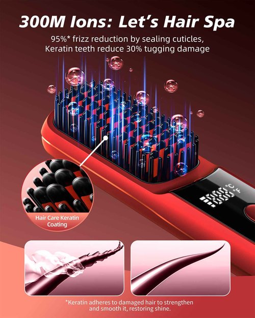 VELORlA Cordless Hair Straightener Brush with Charging Dock - LED Display,300M Negative lons & 3 Temps Fast Heating 320-392°F, Anti-Frizz Travel HaiStyler, Gift for Women (Garnet Red Pro+)