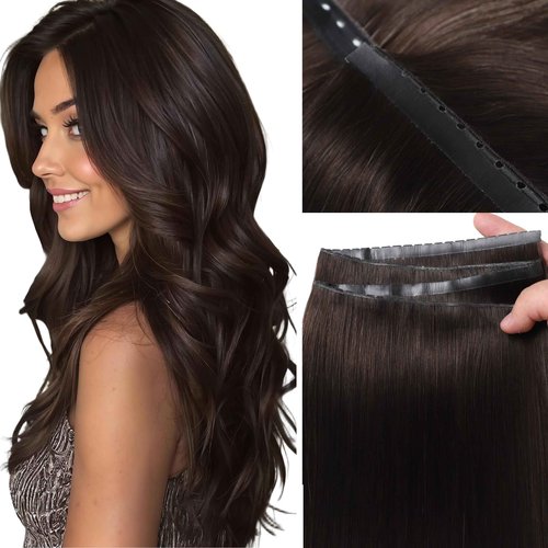 LOXXY Double Weft PU OVO Human Hair Extensions - Genius and PU Invisible Butterfly Weft Hair Extensions Real Human Hair - 16 Inch 100g Darkest Brown, Width 31.5"(80cm)